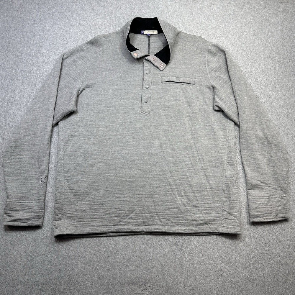 Ibex Sweater Mens Large Gray Merino Wool Snap Henley Pocket Made In USA Logo